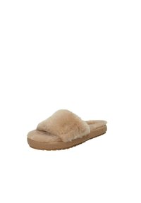 Pantofole in pelliccia sintetica color beige chiaro, con una larga fascia, texture morbida, suola imbottita e suola esterna in gomma flessibile per il massimo del comfort.