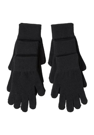 Zwei Paare schwarze gestrickte Handschuhe, nebeneinander gestapelt, mit umgeschlagenen Bündchen auf weißem Hintergrund.