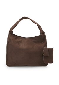 Brown suede handbag with a wide body, soft texture, top zipper closure, and a detachable small pouch attached by a strap.