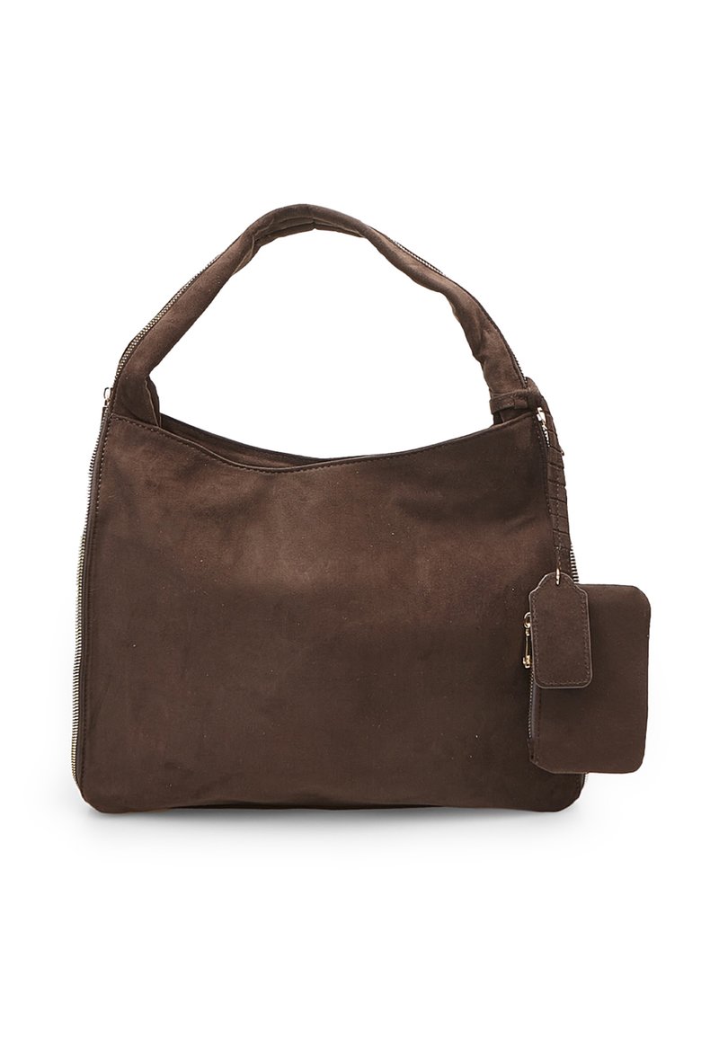 Brown suede handbag with a wide body, soft texture, top zipper closure, and a detachable small pouch attached by a strap.