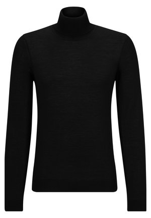 Black turtleneck sweater made of soft material, featuring long sleeves and a snug fit. Ribbed trim at the hem and cuffs. Simple design.