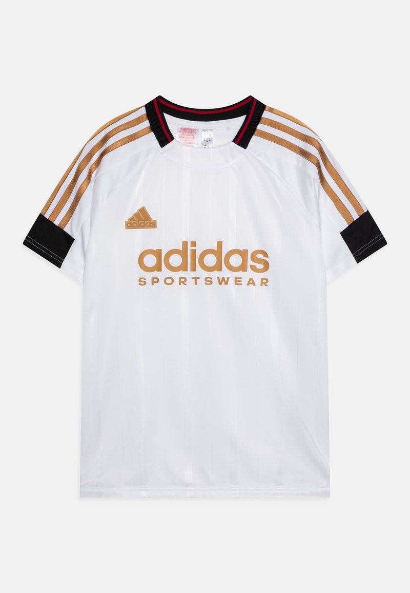 White Adidas sports jersey with gold accents, featuring black and gold stripes on sleeves and large "adidas SPORTSWEAR" logo on the front.