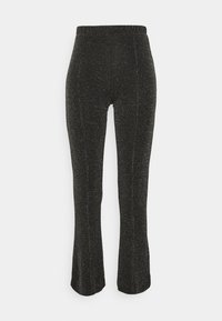 Svarta utsvängda byxor med ett stretchigt midjeband, med en strukturerad, glittrig yta med silverdetaljer överallt. Slät tyg, åtsittande ben.