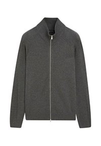 Cardigan grigio con zip, collo alto, spalle a coste e corpo liscio. Presenta una zip argentata e una trama a maglia.