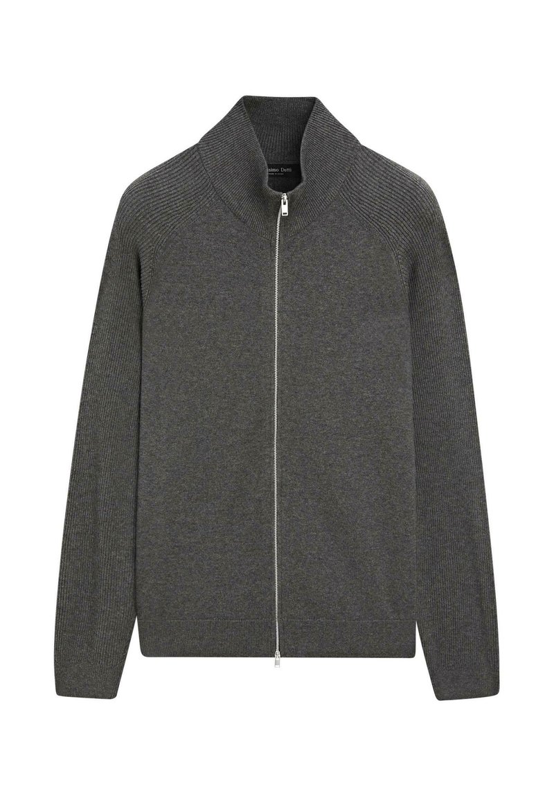Cardigan grigio con zip, collo alto, spalle a coste e corpo liscio. Presenta una zip argentata e una trama a maglia.