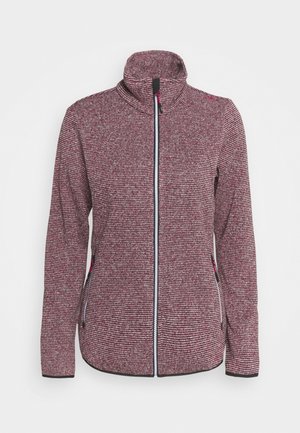 Veste zippée à motif rouge et gris avec un col montant, des poches latérales et des finitions contrastantes noires aux poignets et à l'ourlet. Texture douce.