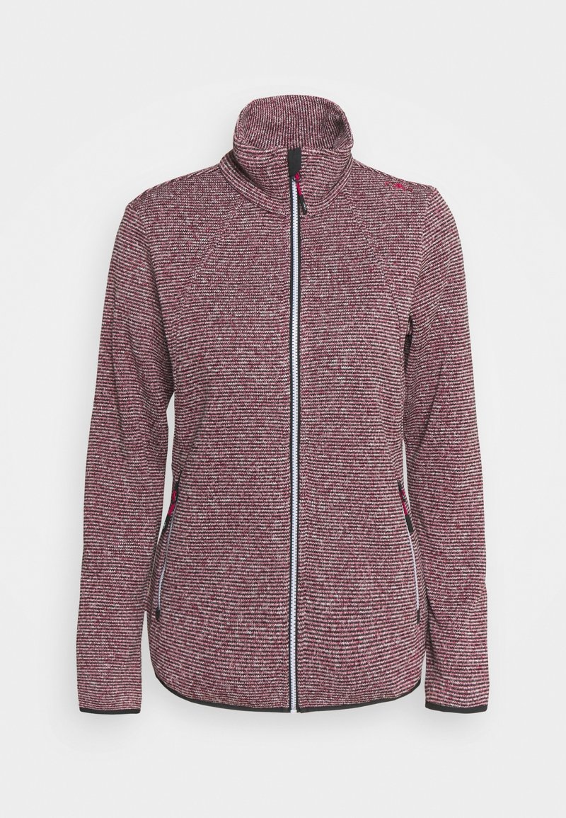 Veste zippée à motif rouge et gris avec un col montant, des poches latérales et des finitions contrastantes noires aux poignets et à l'ourlet. Texture douce.