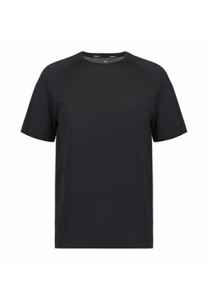 Czarna sportowa koszulka z krótkim rękawem, o teksturowanej powierzchni i okrągłym dekoltem. Charakteryzuje się sportowym designem, odpowiednim do aktywnego noszenia.