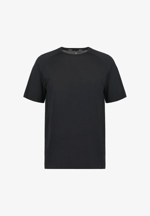 Zwart sport-T-shirt met korte mouwen, textuurovervlakte en een ronde hals. Heeft een sportief ontwerp, geschikt voor actieve kleding.