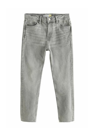 Grijze slim fit jeans met knoop en rits aan de voorkant, vijf zakken en subtiele vervaagde details op de dijen.