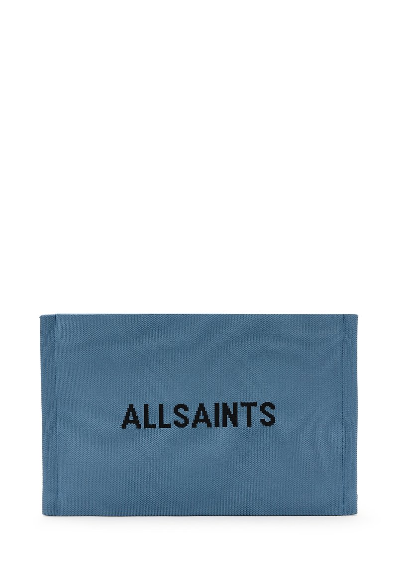 Pochette in canvas blu con "ALLSAINTS" ricamato in nero. Forma rettangolare con design piatto e cuciture visibili lungo i bordi.