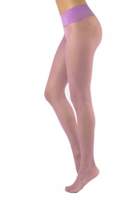 Collant rosa trasparente con una ampia fascia in pastello viola, texture liscia, design aderente e stile con piede che si estende fino alla caviglia.