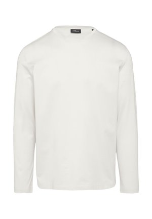 Weißes Langarmshirt mit rundem Halsauschnitt, gefertigt aus glattem Baumwollstoff, mit geradem Saum und minimalen Nähdetails.