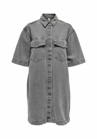 Grå denim klänning med korta ärmar, två framfickor, knappstängning fram och en klassisk krage. Mjuk textur med en avslappnad passform.