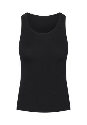 Czarny rypsowy top na ramiączkach z okrągłym dekoltem i bez rękawów. Materiał wygląda na elastyczny i dopasowany, o gładkiej, jednolitej fakturze.