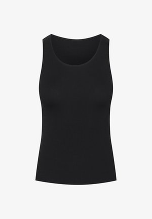 Czarny rypsowy top na ramiączkach z okrągłym dekoltem i bez rękawów. Materiał wygląda na elastyczny i dopasowany, o gładkiej, jednolitej fakturze.