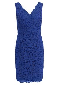 Robe en dentelle bleue avec un col en V, une silhouette ajustée, des motifs floraux et un ourlet festonné. Fabriquée en dentelle avec une finition texturée.