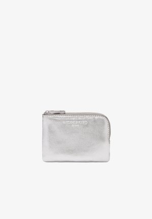 Small metallic silver leather wallet with top zipper and subtle embossed brand name on front.