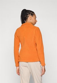 Orangefarbene Fleecejacke mit Kragen, langen Ärmeln, strukturiertem Stoff und Nähten, kombiniert mit hellen Hosen. Ansicht von hinten.