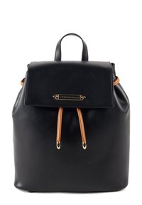 Musta nahkareppu litteällä kansilla, vaaleanruskeilla nahkaosilla, kultaisilla yksityiskohdilla ja narukiristyksellä. Varustettu ylhäällä kantokahvalla.