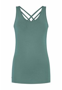 Slim-fit tanktop in gedempt groen, met een textuurstof en kruisspanningen op de rug voor extra detail.