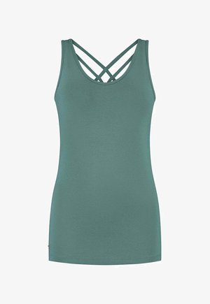 Slim-fit Tanktop in gedämpftem Grün, mit strukturiertem Stoff und gekreuzten Trägern am Rücken für zusätzliche Details.