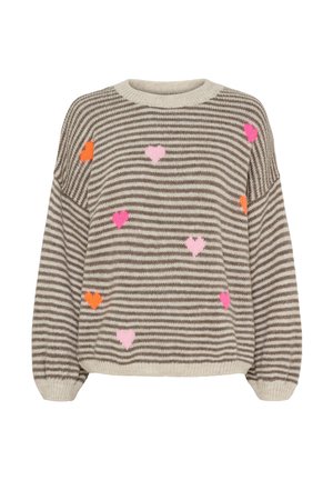 Beige og brun stribet striktrøje med pink, orange og røde hjerte-mønstre spredt på fronten og ærmerne.