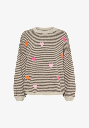 Beige og brun stribet striktrøje med pink, orange og røde hjerte-mønstre spredt på fronten og ærmerne.