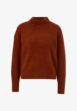 Sweter w kolorze rdzy z wysokim prążkowanym dekoltem, luźnym krojem i długimi rękawami. Wykonany z miękkiego, teksturowanego materiału. Brak widocznych wzorów lub akcentów.