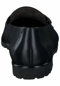 Schwarzer Lederschuh mit runder Zehenform und glatter Textur, versehen mit einem gestickten Design entlang der Rückseite und einer dicken Gummisohle.