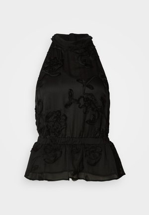 Czarna bluzka na halter wykonana z przezroczystego materiału z teksturowaną haftowaną florą, z elastycznym dołem w stylu peplum i wysokim kołnierzem.