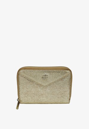 Portefeuille compact en métal doré avec surface texturée, fermeture à glissière, et logo embossé "mila louise PARIS" sur le devant.