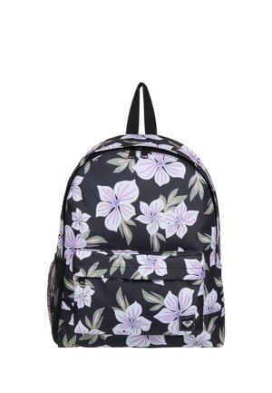 Mochila negra con patrón floral en tonos púrpura claro y verde, bolsillo frontal con cremallera y bolsillo lateral de malla negra, asa para colgar en la parte superior.