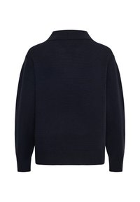 Pull bleu marine foncé à manches longues avec un col large, des poignets côtelés et un ourlet côtelé, présenté de dos sur fond blanc.