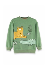 Grøn langærmet sweatshirt til børn med tegneserieleopard, krokodille, planter og teksten "LAD OS BLIVE VILDE" på forsiden.