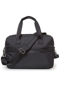 Borsa nera in nylon con manici doppi e tracolla removibile. Presenta una forma rettangolare e una superficie texturizzata, con hardware minimo.