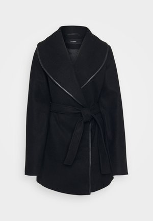 Black wrap coat with a wide collar, belted waist, and visible zipper accent. Made of soft, textured fabric with a tailored design.