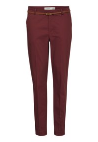 Pantalons ajustés bordeaux avec une finition lisse, dotés d'une ceinture marron et d'un design slim-fit, adaptés à diverses occasions.