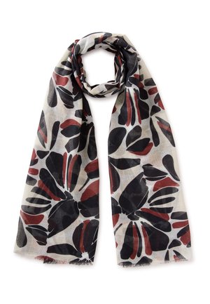 Sciarpa leggera con grandi motivi floreali astratti neri e rosso scuro su sfondo bianco, piegata liberamente ad anello.