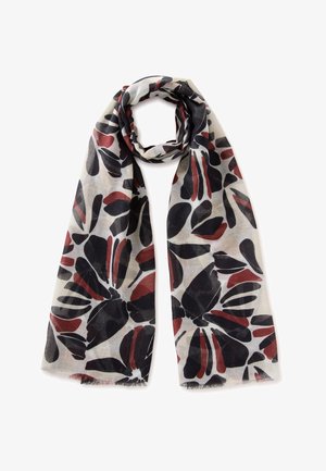 Leichter Schal mit großen abstrakten schwarzen und dunkelroten Blumenmustern auf weißem Hintergrund, locker zu einer Schlaufe gelegt.