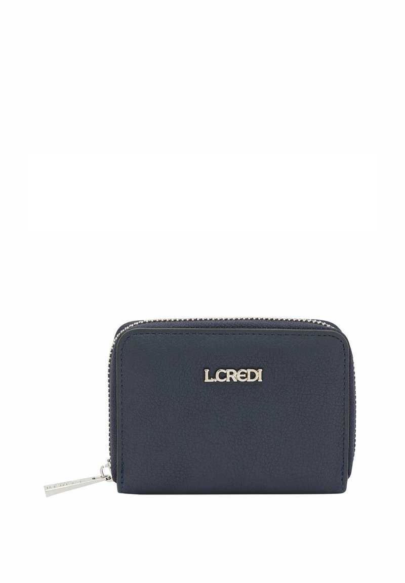 Marineblaues Lederportemonnaie mit strukturierter Oberfläche, Reißverschluss in Silberoptik und Logo. Kompaktes, rechteckiges Design mit sicherem Verschluss und minimalen Akzenten.