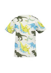 T-shirt z krótkim rękawem wykonany z bawełny, z wzorem dinozaurów w kolorach zielonym, niebieskim i żółtym na białym tle. Okrągły dekolt i luźny krój.