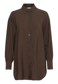 Brown, long-sleeve button-up shirt with a classic collar, featuring gathered sleeves and a textured fabric, slightly curved hemline.