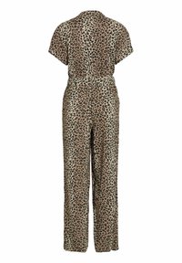 Jumpsuit à imprimé léopard en beige et noir, à manches courtes, taille ceinturée, jambes larges. Tissu doux avec une texture lisse et une coupe décontractée.