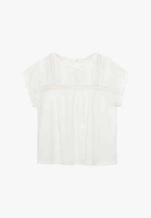 White short-sleeve top made of lightweight fabric, featuring a textured panel with vertical stitching and gathered detail at the waist.