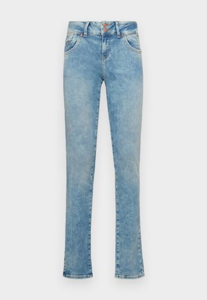 Light blue denim jeans with a straight-leg cut, featuring a high waistband, two front pockets, and silver-tone hardware.