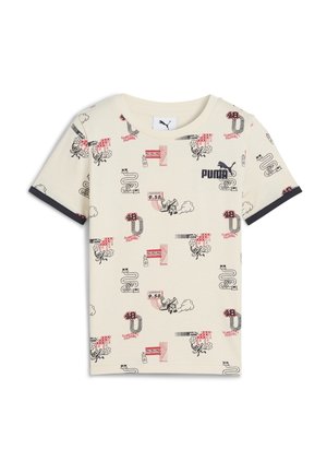 Cremfarbener T-Shirt aus Baumwolle, mit einem verspielten Grafikdruck in Schwarz und Rot. Kurze Ärmel mit dunkelblauen Akzenten. Logo auf der Vorderseite.