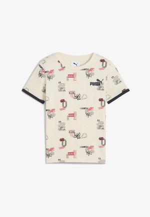 Krémové tričko vyrobené z bavlny, s hravým grafickým potiskem v černé a červené. Krátké rukávy s tmavě modrými akcenty. Logo na přední straně.