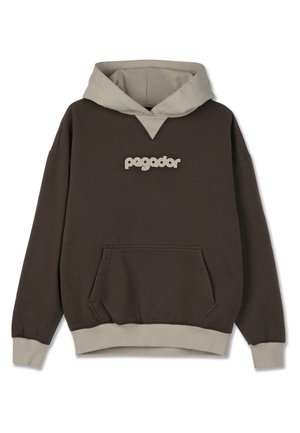 Hnedý pulóver s kapucňou, ktorý má béžovú dvojvrstvovú kapucňu, prednú kapsu a logo "pegador". Obsahuje rebrované manžety a pás.