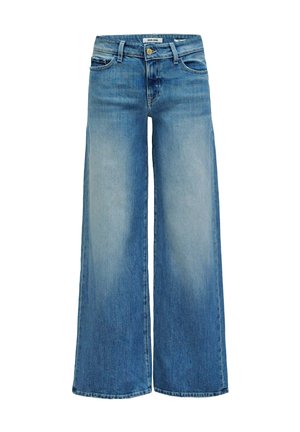 Blaue weite Jeans mit einem ausgewaschenen Finish, vorderer Knopf- und Reißverschlussverschluss, Gürtelschlaufen sowie Vorder- und Gesäßtaschen.